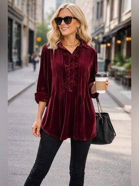 SOFT SURROUNDINGS Women's Burgundy Wine Ruffle Front 3/4 Sleeve Velvet Tunic Top